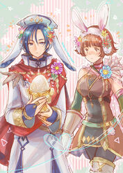  1boy adapted_costume alternate_costume animal_ears bare_shoulders black_legwear blue_eyes blue_hair blush bridal_gauntlets brown_eyes brown_hair commentary dated dorothy_(fire_emblem) egg fake_animal_ears female fire_emblem fire_emblem:_the_binding_blade fire_emblem_heroes gloves hat heart highres long_sleeves rabbit_ears robe saul_(fire_emblem) sleeveless striped striped_background symbol-only_commentary twitter_username urihara84 