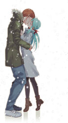  1boy black_legwear blue_hair blue_pants bow brown_footwear brown_hair closed_eyes coat couple female french_kiss from_side full_body green_coat hairbow height_difference hood hooded_coat imuro kissing kuwabara_kazuma long_hair long_sleeves pants pantyhose red_bow short_hair snowing standing straight white_background white_coat yu_yu_hakusho yukina_(yu_yu_hakusho) 