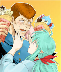  1boy :d bad_id bad_pixiv_id blue_hair blue_jacket blue_kimono border bow brown_eyes brown_hair couple crepe eye_contact female food food_on_face hairbow handkerchief height_difference holding holding_food holding_handkerchief imuro jacket japanese_clothes kimono kuwabara_kazuma long_hair long_sleeves looking_at_another open_mouth ponytail red_bow red_eyes sarayashiki_junior_high_school_uniform school_uniform simple_background smile straight white_border yellow_background yu_yu_hakusho yukina_(yu_yu_hakusho) 