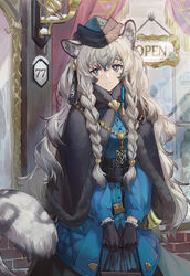  animal_ear_fluff animal_ears arknights bag black_capelet black_gloves blue_hat blue_jacket braid capelet chains closed_mouth commentary csyday day door female fur-trimmed_capelet fur_trim gloves gold_chain grey_eyes grey_hair hair_between_eyes hair_ribbon handbag hat highres jacket jewelry leopard_ears leopard_tail long_hair long_skirt long_sleeves looking_at_viewer official_alternate_costume open_sign outdoors pramanix_(arknights) pramanix_(caster&#039;s_frost)_(arknights) ribbon side_braid skirt smile solo standing storefront tail twin_braids very_long_hair window 