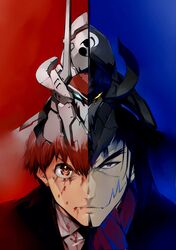  2boys absurdres black_hair blue_eyes brown_eyes brown_hair close-up hayase_kouichi highres kurogane_no_linebarrel linebarrel lostbarrel mecha multiple_boys official_art robot sawatari_takurou shimoguchi_tomohiro split_theme v-shaped_eyebrows yellow_eyes 