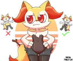  6:5 anthro black_clothing black_legwear braixen canid canine check_mark clothed clothing dipstick_tail female feral frown fur generation_6_pokemon hands_on_hips hi_res legwear looking_aside mammal markings mocho4266 nintendo orange_body orange_fur pokemon pokemon_(species) red_eyes signature simple_background solo stick stick_in_tail tail tail_markings thigh_highs white_background white_body white_fur yellow_body yellow_fur 