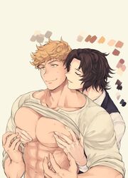  2boys abs bara blonde_hair blush clothes_lift couple grabbing granblue_fantasy green_eyes groping happy_sex hazama_(hazamazama) lancelot_(granblue_fantasy) large_pectorals male_focus multiple_boys muscular muscular_male nipples pectoral_grab pectoral_press pectorals shirt shirt_lift simple_background the_dragon_knights upper_body vane_(granblue_fantasy) white_shirt yaoi 