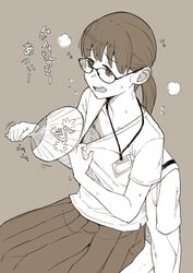  bangs banned_artist bra c2-chan c2_kikan chair eyebrows_visible_through_hair fan fanning_self female flying_sweatdrops glasses id_card long_hair makio_(makiomeigenbot) monochrome open_mouth paper_fan ponytail shirt short_sleeves simple_background sitting skirt solo sweat translation_request underwear 