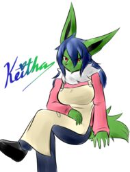  alpha_channel anthro apron archived_source arms_bent bent_legs blue_hair bottomwear breasts character_name cleavage clothed clothing crossed_legs denim denim_bottomwear denim_clothing eeveelution female fur generation_1_pokemon green_body green_fur hair hand_on_leg hand_on_own_leg hand_on_own_thigh hand_on_thigh heart_font heart_symbol hi_res jeans jolteon keith_wilson leg_over_thigh nintendo one_eye_obstructed pants pokemon pokemon_(species) red_eyes rule_63 shiny_pokemon solo sweater tetsushi topwear touching_leg touching_own_leg touching_own_thigh touching_thigh translucent translucent_hair 