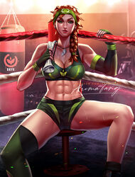  abs alternate_costume arimatang bad_id bad_pixiv_id braid breasts cleavage elbow_gloves female fingerless_gloves gloves green_gloves green_headband green_shorts headband highres holding holding_rope holding_towel medium_breasts muscular muscular_female over_shoulder parted_lips punching_bag red_hair rope short_shorts shorts signature single_elbow_glove single_thighhigh skye_(valorant) sports_bra sweat thighhighs towel valorant watermark web_address wrestling_ring 