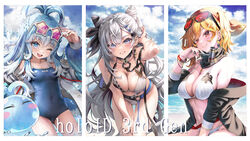  3girls ;d adapted_costume arm_up bare_shoulders beach bent_over bikini black_jacket blonde_hair blue_eyes blue_hair blue_one-piece_swimsuit blush bracelet breasts brown_eyes cleavage closed_mouth cloud collarbone competition_school_swimsuit cone_hair_bun cowboy_shot crossover day double_bun earrings english_commentary eyewear_on_head grey_hair hair_between_eyes hair_bun hair_ornament halterneck hammer highres holding holding_hammer holoh3roes hololive hololive_indonesia jacket jewelry kaela_kovalskia kaela_kovalskia_(1st_costume) kobo_kanaeru kubota_masaki large_breasts lens_flare long_hair long_sleeves looking_at_viewer medium_hair midriff mixed-language_commentary multi-tied_hair multicolored_hair multiple_girls navel neck_warmer ocean one-piece_swimsuit one_eye_closed open_clothes open_jacket outdoors parted_lips puffy_long_sleeves puffy_sleeves sand school_swimsuit sidelocks sitting sky slime_(kobo_kanaeru) small_breasts smile star-shaped_eyewear star_(symbol) stomach streaked_hair string_bikini sunglasses swimsuit thighs vestia_zeta vestia_zeta_(1st_costume) virtual_youtuber wet wet_clothes white_bikini white_hair 