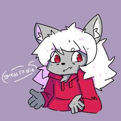  1:1 absurd_res clothing domestic_cat felid feline felis female fur grey_body grey_fur guess_i&#039;ll_die hair hi_res hoodie mammal meme moordred reaction_image red_eyes simple_background solo topwear white_hair 