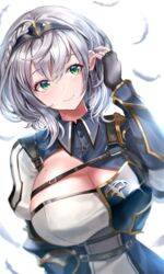  armor bad_id bad_pixiv_id black_gloves blush boba braid breasts chest_belt cleavage female fingerless_gloves gloves green_eyes grey_hair hair_between_eyes highres hololive large_breasts looking_at_viewer medium_hair mole mole_on_breast shirogane_noel shirogane_noel_(1st_costume) smile solo virtual_youtuber wavy_hair 