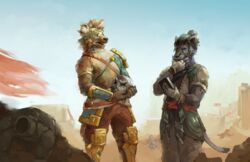  2020 anthro armlet armor babanasaur belt blue_eyes book bottomwear brown_bottomwear brown_clothing brown_pants circlet clothing decapitation desert digital_media_(artwork) dipstick_tail dungeons_and_dragons duo ear_piercing ear_ring faruuk_(biscuits) felid fingerless_gloves fur fur_markings gloves gnoll greaves green_bottomwear green_clothing green_skirt grey_body grey_fur hand_on_chin handwear hasbro hi_res holding_book holding_head holding_object hyena looking_at_another looking_forward machine male mammal markings open_mouth pants piercing ring_piercing robot ruins severed_body_part severed_head shirt signature skirt snow_(pumafgt) spaulder standing straps tabaxi tail tail_markings tan_body tan_fur tassets topwear vambrace warforged white_clothing white_shirt white_topwear wizards_of_the_coast yellow_eyes 