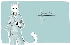  anthro bell bell_collar black_eyes bracelet character_name collar domestic_cat felid feline felis fur jewelry jinbei_(clothing) jingle_bell kyo_(tohfu) long_sleeves looking_at_viewer male mammal solo standing tail tohfu white_body white_fur white_tail 