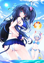  2girls ball bikini black_hair blue_eyes blush bombergirl breasts closed_eyes frilled_bikini frills fuse halterneck kuro_(bombergirl) large_breasts lit_fuse long_hair multiple_girls navel omochishiki open_mouth shiro_(bombergirl) short_hair side-tie_bikini_bottom side_ponytail sideboob string_bikini swimsuit tail white_hair 