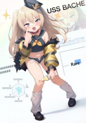  :3 :d absurdres anchor_hat_ornament azur_lane bache_(azur_lane) bandaid bandaid_on_knee bandaid_on_leg bare_shoulders black_footwear black_hat black_sailor_collar black_shirt blonde_hair blush bottle breasts character_name chinese_commentary collar commentary_request crop_top cutoffs denim denim_shorts destroyer dutch_angle female finger_to_eye fishnet_thighhighs fishnets full_body fur-trimmed_jacket fur_trim hair_between_eyes hat hat_ornament highres holding holding_bottle jacket long_hair looking_at_viewer loose_socks micro_shorts military military_vehicle navel neckerchief oerba_yun_fang off_shoulder open_clothes open_mouth open_shorts pink_collar purple_eyes sailor_collar sailor_hat shadow ship shirt shoes shorts sidelocks single_thighhigh skindentation sleeveless small_breasts smile socks solo sparkle standing thighhighs two_side_up vehicle_and_personification very_long_hair warship watercraft yellow_jacket yellow_neckerchief youyueyue zoom_layer 