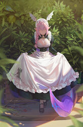  alternate_costume apron arknights arm_belt bat_wings bespectacled black_dress blood blood_on_ground bottle braid breasts cleavage closed_eyes curtsey dress enmaided female glasses hair_ornament hairclip hat head_wings highres juliet_sleeves knife large_breasts long_hair long_sleeves maid maid_apron manticore_(arknights) mob_cap monster_girl outdoors plant pointy_ears poison_(final_fight) puffy_sleeves purple_hair rhodes_island_logo_(arknights) saber_01 scorpion_tail see-through single_braid skirt_hold solo tail wings 