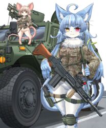  2023 5_fingers :3 absurd_res ahoge anthro armored_vehicle blue_body blue_fur blue_hair blush bottomless bottomless_anthro bottomless_female braided_hair braided_ponytail breasts camo camo_clothing camo_print car claws clothed clothing digital_media_(artwork) domestic_cat duo featureless_crotch felid feline felis female female_anthro finger_claws fingers fluffy forked_tail front_view fur gun hair hamu_chunchun heterochromia hi_res humvee inner_ear_fluff jacket japan_air_self-defense_force japanese_text kemono larger_anthro larger_female long_hair looking_at_viewer male_(lore) mammal mikelan125r military military_uniform mouse mtf_crossgender murid murine navel neck_tuft omaneko_(jasdf) pattern_clothing pawpads ponytail ranged_weapon red_eyes rifle rocket_launcher rodent rule_63 size_difference smaller_anthro smaller_female smile smiling_at_viewer standing tail tan_body tan_fur tan_hair text topwear translation_request trigger_discipline tuft uniform unusual_anatomy unusual_tail vehicle weapon whiskers white_body white_fur yellow_eyes 