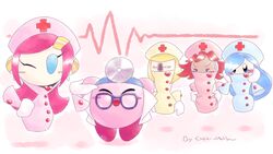  1boy 3girls bad_deviantart_id bad_id blonde_hair blue_hair chivi-chivik doctor doctor_kirby flamberge flamberge_(kirby) francisca_(kirby) kirby kirby_(series) multiple_girls nurse pink_hair rayman_limbs red_hair susie_(kirby) zan_partizanne 