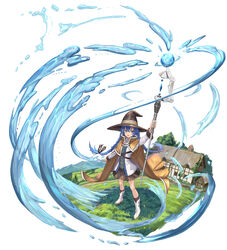  absurdres arm_up black_hat black_ribbon black_skirt black_socks blue_eyes blue_hair boots braid brown_cape cape chinese_commentary collared_shirt commentary_request dress_shirt female grass hair_between_eyes hair_ribbon hat highres holding holding_staff house huanghyy hydrokinesis long_hair mountain mushoku_tensei open_mouth orb ribbon roxy_migurdia shirt skirt socks solo staff standing twin_braids very_long_hair water white_background white_footwear white_shirt witch_hat 