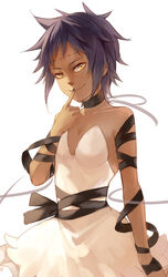  arm_ribbon black_nails black_ribbon breasts cleavage closed_mouth d.gray-man dark-skinned_female dark_skin dress facial_mark female index_finger_raised looking_at_viewer nail_polish pananada purple_hair ribbon road_kamelot short_hair simple_background small_breasts smile solo standing strapless strapless_dress white_background white_dress yellow_eyes 