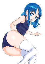  :q absurdres ass blue_eyes blue_hair female from_behind heartcatch_precure! highres kuppipi_ramutarou kurumi_erika legs looking_back lying on_side one-piece_swimsuit precure school_swimsuit short_hair simple_background smile solo swimsuit thighhighs thighs tongue tongue_out white_background white_thighhighs 