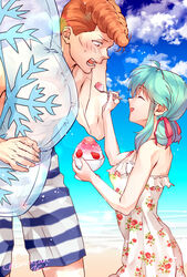  1boy :d beach blue_hair blue_sky blush brown_hair closed_eyes cloud collarbone couple dress female floral_print food from_side hair_ribbon height_difference holding holding_spoon imuro innertube kuwabara_kazuma lens_flare long_hair looking_at_another male_swimwear ocean open_mouth print_dress profile red_ribbon ribbon shaved_ice sky sleeveless sleeveless_dress smile spoon straight striped striped_male_swimwear sundress swim_ring transparent twitter_username white_dress yu_yu_hakusho yukina_(yu_yu_hakusho) 