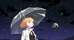  .l.l absurdres black_shirt blue_eyes blush breasts brown_hair cloud commentary_request earrings female floating_hair glint hair_between_eyes highres holding holding_umbrella jacket jewelry looking_away md5_mismatch meteor_shower moon night night_sky open_clothes open_jacket original shirt sky small_breasts solo star_(sky) starry_sky transparent transparent_umbrella umbrella upper_body white_jacket 