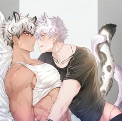  2boys abs animal_ears bad_id bad_twitter_id bed black_hair blush cat_boy cat_ears cat_tail check_copyright collarbone copyright_request extra_ears eye_contact highres imminent_kiss looking_at_another mad_pingu male_focus multicolored_hair multiple_boys muscular muscular_male original pectorals scar shirt sidepec tail tank_top toned toned_male tongue tongue_out undressing white_background white_hair white_tank_top yaoi 