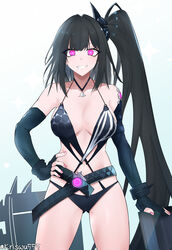  absurdres architect_(girls&#039;_frontline) architect_(nvw_model)_(girls&#039;_frontline) arm_support artificial_eye asymmetrical_gloves bare_shoulders black_gloves black_hair black_one-piece_swimsuit breasts casual_one-piece_swimsuit collarbone elbow_gloves feet_out_of_frame female fingerless_gloves girls&#039;_frontline gloves grin hair_ornament hair_scrunchie hand_on_own_hip highres jewelry light_blush long_hair looking_at_viewer mechanical_eye medium_breasts nail_polish navel necklace official_alternate_costume one-piece_swimsuit open_mouth partially_fingerless_gloves pink_eyes pink_nails sangvis_ferri scrunchie side_ponytail simple_background smile solo standing swimsuit teeth twitter_username very_long_hair wuwuwu_(kriswu555) 