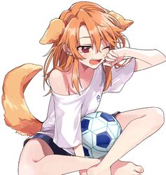  ;o animal_ears ball bare_legs barefoot blush commentary_request dog_ears dog_tail extra_ears female idolmaster idolmaster_cinderella_girls indian_style kemonomimi_mode looking_ahead mochino one_eye_closed orange_hair orange_tail saliva shirt shorts simple_background single_bare_shoulder sitting soccer_ball solo tail tears toes white_background white_shirt yawning yuuki_haru 