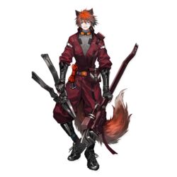  1boy animal_ears arknights belt black_footwear black_gloves boots chiave_(arknights) fingerless_gloves fox_ears fox_tail full_body gloves grey_shirt grin hair_between_eyes highres holding holding_wrench infukun jumpsuit long_sleeves looking_at_viewer male_focus official_art orange_hair parted_lips pliers pouch red_jumpsuit shirt smile solo standing tachi-e tail transparent_background vambraces wrench 