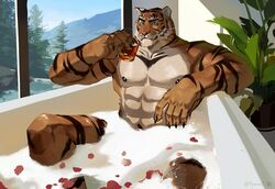  2021 abs anthro bath_bomb bathing bathtub beverage black_nipples bubble_bath claws container cup detailed_background felid feline foam hi_res holding_object inside itymnro looking_at_viewer male mammal muscular muscular_male nipples nude pantherine pecs petals plant sitting solo stripes tiger tree water whiskers window 