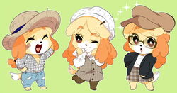  :3 :d :o alternate_costume animal_crossing bad_id bad_twitter_id black_jacket blonde_hair brown-framed_eyewear brown_headwear brown_skirt closed_eyes dog_girl dog_tail female furry furry_female glasses green_background grey_shirt hair_ornament hairclip hand_on_own_hip happy hat isabelle_(animal_crossing) jacket long_hair long_sleeves moosopp multiple_views no_shoes one_eye_closed open_clothes open_jacket open_mouth overalls pants plaid plaid_shirt plaid_skirt shirt short_ponytail simple_background skirt smile sparkle standing straw_hat sun_hat tail torn_clothes torn_pants white_headwear white_shirt 