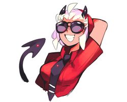  black_necktie black_tail breasts clenched_teeth demon_horns demon_tail female firebay helltaker highres horns justice_(helltaker) necktie red_shirt shirt smile sunglasses tail teeth upper_body white_background white_hair 