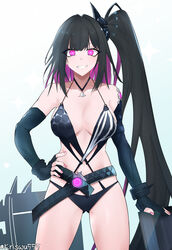  absurdres architect_(girls&#039;_frontline) architect_(nvw_model)_(girls&#039;_frontline) arm_support artificial_eye asymmetrical_gloves bare_shoulders black_gloves black_hair black_one-piece_swimsuit breasts casual_one-piece_swimsuit collarbone elbow_gloves feet_out_of_frame female fingerless_gloves girls&#039;_frontline gloves grin hair_ornament hair_scrunchie hand_on_own_hip highres jewelry light_blush long_hair looking_at_viewer mechanical_eye medium_breasts multicolored_hair nail_polish navel necklace official_alternate_costume one-piece_swimsuit open_mouth partially_fingerless_gloves pink_eyes pink_nails sangvis_ferri scrunchie side_ponytail simple_background smile solo standing streaked_hair swimsuit teeth twitter_username very_long_hair wuwuwu_(kriswu555) 