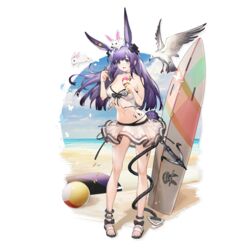  animal_ears animal_on_head arknights ball bare_arms bare_legs bare_shoulders beach beachball bikini bikini_skirt bird black_bow bow breasts cleavage female food full_body grappling_hook hairbow hands_up heibaise_jiangshi highres holding holding_food ice_cream ice_cream_cone long_hair looking_at_viewer material_growth medium_breasts midriff miniskirt navel official_alternate_costume official_art on_head open_mouth oripathy_lesion_(arknights) pleated_skirt purple_eyes purple_hair rabbit rabbit_ears rabbit_tail rope_(arknights) rope_(summer_flowers)_(arknights) sandals seagull skirt solo standing stomach strapless strapless_bikini surfboard swimsuit tail thighs transparent_background white_bikini white_skirt 