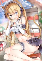  7gao :d animal_ear_fluff animal_ears bare_shoulders barefoot beach black_skirt blonde_hair blue_eyes breasts bridal_garter cat_ears cat_girl cat_tail chair choker cloud cloudy_sky commentary_request crop_top day drinking_straw elbow_gloves female flower frills gloves hair_ornament hanazono_serena hands_up headdress highres indie_virtual_youtuber long_hair looking_at_viewer lounge_chair maid_headdress medium_breasts midriff miniskirt navel ocean open_mouth outdoors parfait pleated_skirt red_flower skirt sky smile solo table tail twintails very_long_hair virtual_youtuber water white_gloves 