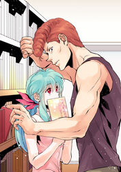  1boy bad_id bad_pixiv_id black_tank_top blue_hair bookshelf bow brown_hair couple dress_shirt female hair_between_eyes hairbow height_difference holding imuro indoors kuwabara_kazuma library long_hair looking_to_the_side parted_lips pink_shirt ponytail red_bow red_eyes shirt straight tank_top upper_body yu_yu_hakusho yukina_(yu_yu_hakusho) 