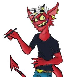  1:1 2021 alpha_channel clothed clothing damaged demon digital_drawing_(artwork) digital_media_(artwork) fangs front_view grin hair half-length_portrait hi_res horn humanoid imp krolik long_tail looking_at_viewer male not_furry portrait pose red_body red_skin sharp_teeth signature smile smirk solo spade_tail standing tail teeth topwear yellow_eyes yellow_sclera 