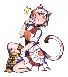  +++ :3 animal_ears barefoot bell calico cat_ears cat_girl cat_tail female frilled_shirt frills gold goutokuji_mike highres koban_(gold) maneki-neko mefomefo multicolored multicolored_clothes multicolored_hair multicolored_shirt multicolored_skirt multicolored_tail neck_bell orange_eyes patches paw_pose shirt skirt smug solo tail touhou translated transparent_background 