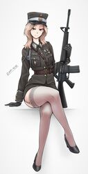  absurdres aiguillette artist_name assault_rifle belt brown_eyes brown_hair crossed_legs earrings female full_body garter_straps gloves gun hat high_heels highres jewelry legs looking_at_viewer m16 m16a1 medal medium_hair military military_hat military_uniform original rifle skirt smile solo thighhighs thighs uniform weapon zap-nik 