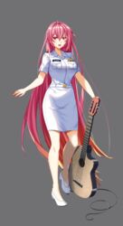  alaska_(warship_girls_r) alternate_costume belt breast_pocket breasts commentary_request female full_body grey_background guitar highres instrument large_breasts long_hair military military_uniform name_tag naval_uniform pocket red_eyes red_hair ryuuzouji_usagi shirt short_sleeves simple_background skirt solo standing uniform very_long_hair warship_girls_r white_belt white_footwear white_shirt white_skirt 