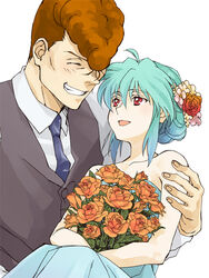  1boy :d bad_id bad_pixiv_id bare_arms blue_dress blue_hair blue_necktie bouquet brown_hair carrying closed_eyes collarbone collared_shirt couple dress female flower grey_vest grin hair_between_eyes hair_flower hair_ornament hand_on_another&#039;s_arm holding holding_bouquet husband_and_wife imuro kuwabara_kazuma long_sleeves necktie open_mouth orange_flower orange_rose princess_carry red_eyes red_flower rose shirt simple_background sleeveless smile straight strapless strapless_dress tied_hair vest wedding_dress white_background white_shirt wing_collar yu_yu_hakusho yukina_(yu_yu_hakusho) 