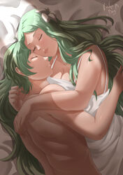  1boy absurdres breasts byleth_(fire_emblem) byleth_(male)_(fire_emblem) closed_eyes couple cuddling dress female fire_emblem fire_emblem:_three_houses flower green_hair hair_flower hair_ornament highres large_breasts long_hair lying md5_mismatch messy_hair morning on_side resolution_mismatch rhea_(fire_emblem) rinku_bny sleeping source_smaller straight topless_male white_dress 