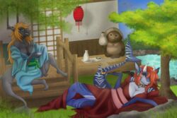  3:2 alcohol anthro asian_clothing beverage bovid bovine canid canine clothing container cup deanwolfwood detailed_background digital_media_(artwork) drinking drinking_glass duo ear_piercing east_asian_clothing female fish glass glass_container glass_cup hi_res horn hybrid japanese japanese_clothing kasumi_(nayami) kimono mammal marine piercing raccoon_dog sake shark smoking tanuki 