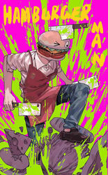  &gt;_o apron blood blood_splatter bread burger chainsaw_man cheese cleaver collared_shirt employee_uniform facing_to_the_side family_burger_mascot_(chainsaw_man) fast_food_uniform food green_blood highres holding holding_cleaver holding_knife holding_weapon knife male_focus meme one_eye_closed parody pink_background red_apron shirt sleeves_rolled_up solo stylized_blood uniform weapon white_shirt zena_jin 