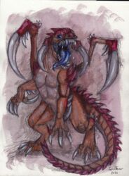  2021 ambiguous_gender blizzard_entertainment blue_eyes blue_flesh bodily_fluids brown_body claws drooling drythkalt english_text exoskeleton felisfever hi_res markings on_hind_legs purple_markings quadruped saliva signature solo spines starcraft text tongue tongue_out traditional_media_(artwork) tusks zerg zergling 