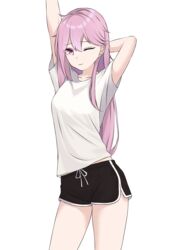  ahoge arm_behind_head arms_up bare_legs black_shorts breasts casual closed_mouth collarbone cowboy_shot dolphin_shorts female hair_between_eyes highres ichino_nabana long_hair looking_at_viewer loose_clothes maha5 maha5japan midriff_peek multicolored_hair myrica_(ascasestina) one_eye_closed pink_eyes pink_hair shirt short_shorts short_sleeves shorts simple_background solo standing streaked_hair stretching t-shirt thighs transparent_background virtual_youtuber waking_up white_shirt 