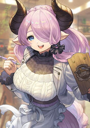  apron aran_sweater blue_eyes braid breasts cable_knit cleavage crown_braid draph female granblue_fantasy hair_over_one_eye heart heart-shaped_pupils highres horns jacket large_breasts long_hair looking_at_viewer narmaya_(granblue_fantasy) open_mouth pink_hair pointy_ears purple_hair single_sidelock smile solo sweater symbol-shaped_pupils very_long_hair waist_apron yuiko_(yuiyuiko_108) 