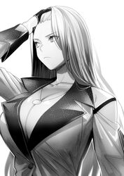  adjusting_hair breasts character_request cleavage collarbone commentary_request female frown gloves greyscale highres jacket jewelry large_breasts long_hair long_sleeves monochrome necklace puyo_(puyotopia) simple_background solo straight_hair upper_body very_long_hair white_background 