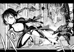  1boy braid breasts charging_forward cleavage collarbone electricity eyepatch female floating_hair fuuka_(uchuu_ken&#039;etsu-kan) greyscale hair_behind_ear holding holding_sword holding_weapon letterboxed medium_breasts monochrome navel official_art pants sadamatsu_ryuuichi sword uchuu_ken&#039;etsu-kan weapon 