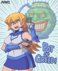  artist_name ayyk92 bare_shoulders blonde_hair blue_gloves blue_skirt card commentary covered_navel cowboy_shot duel_academy_uniform_(yu-gi-oh!_gx) english_text female fingerless_gloves gloves hair_between_eyes highres holding holding_card long_hair open_mouth pot_of_greed skirt sleeveless smile solo tenjouin_asuka yellow_eyes yu-gi-oh! yu-gi-oh!_gx 